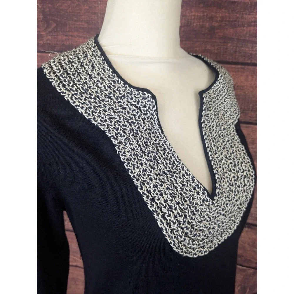 Tory Burch Merino Wool Tunic Sweater Medium NavyBeaded Rope Collar Long‎ Sleeve